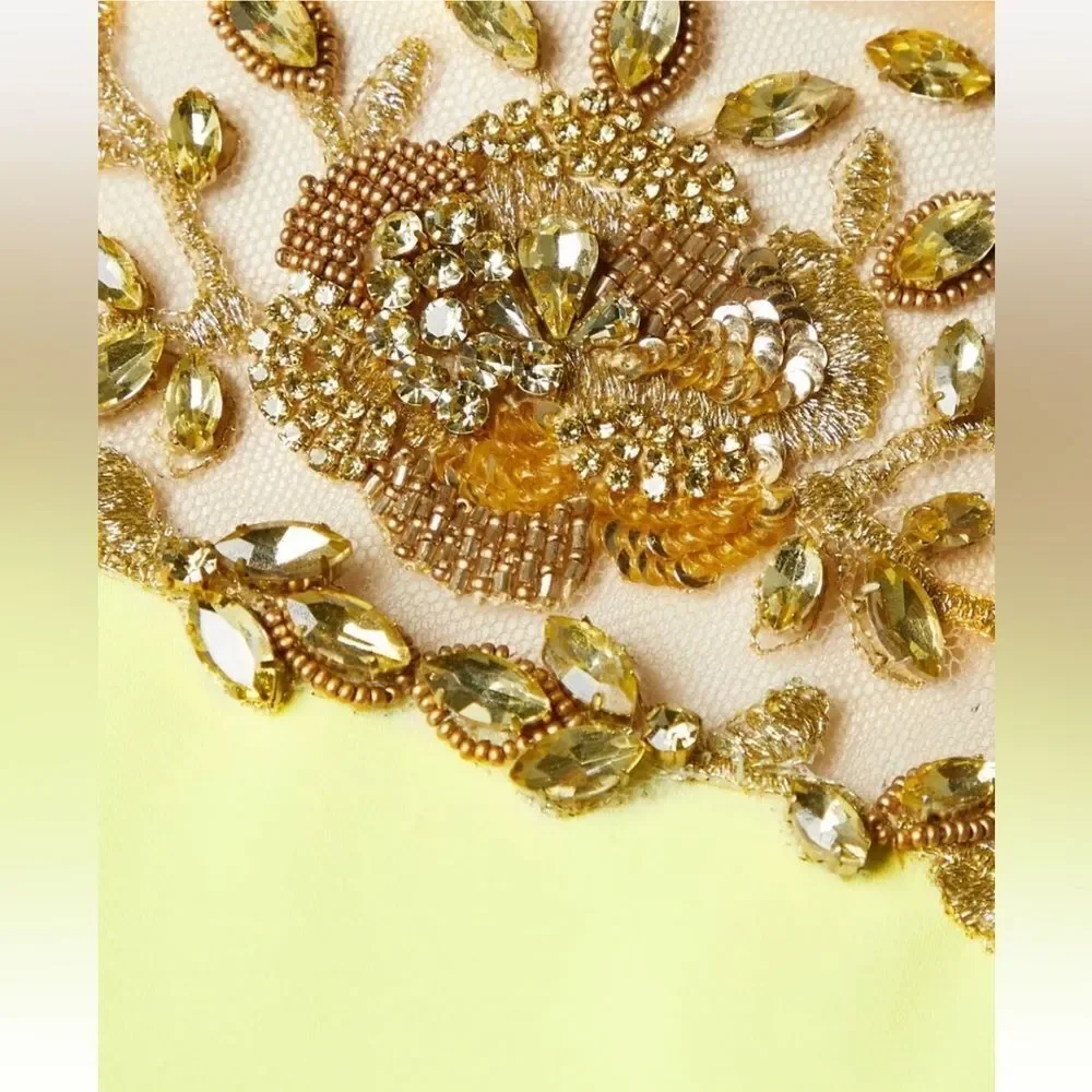 Marchesa Notte Yellow cape dress midi Gold Embellishments tulle evening $1700 4